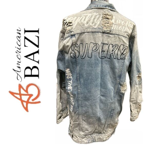 American Bazi Distressed Long Denim Customized Jacket‎ - Size M - Picture 2 of 3